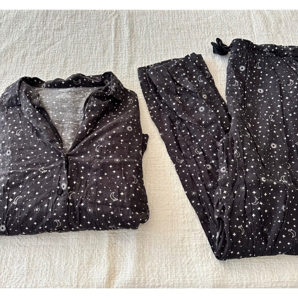 Victoria's Secret PINK Celestial Pajama Set Black Moon Sun Star Eye Print Med